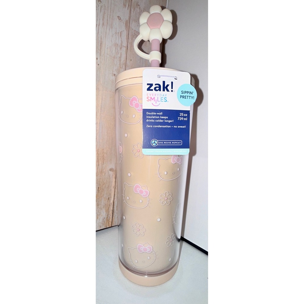 Zak! Hello Kitty Tumbler Kids 25oz Peach NEW‎ Insulated Flower Straw Topper Cup